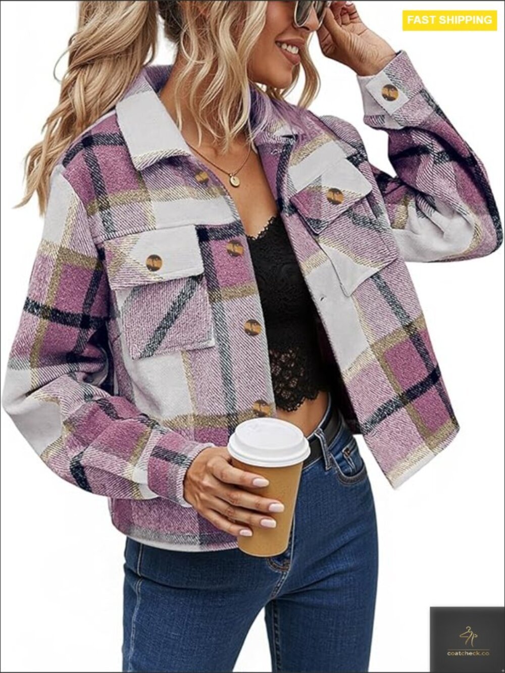 Cropped Plaid Shacket Jacket Long Sleeve Button Down Coat Tops with Pockets